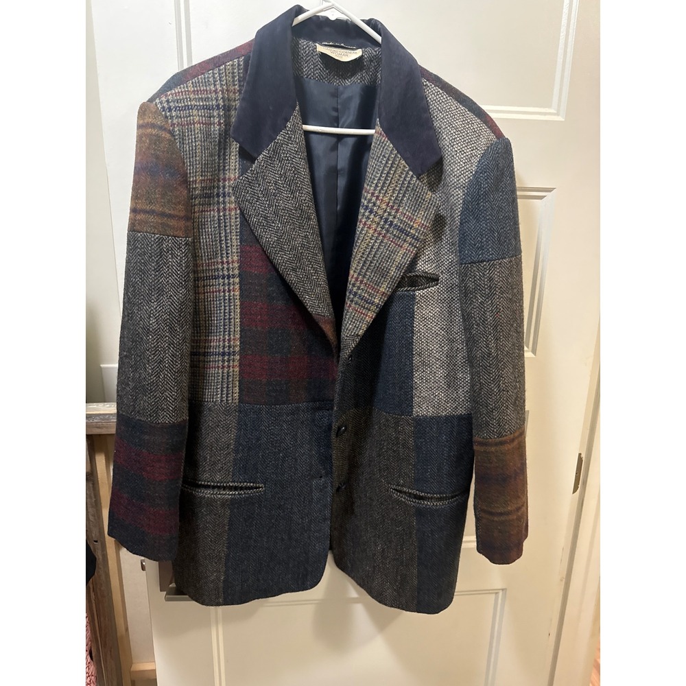 Casual Corner Woman Vintage Patchwork Wool Tweed Blazer Jacket Velvet Collar 16